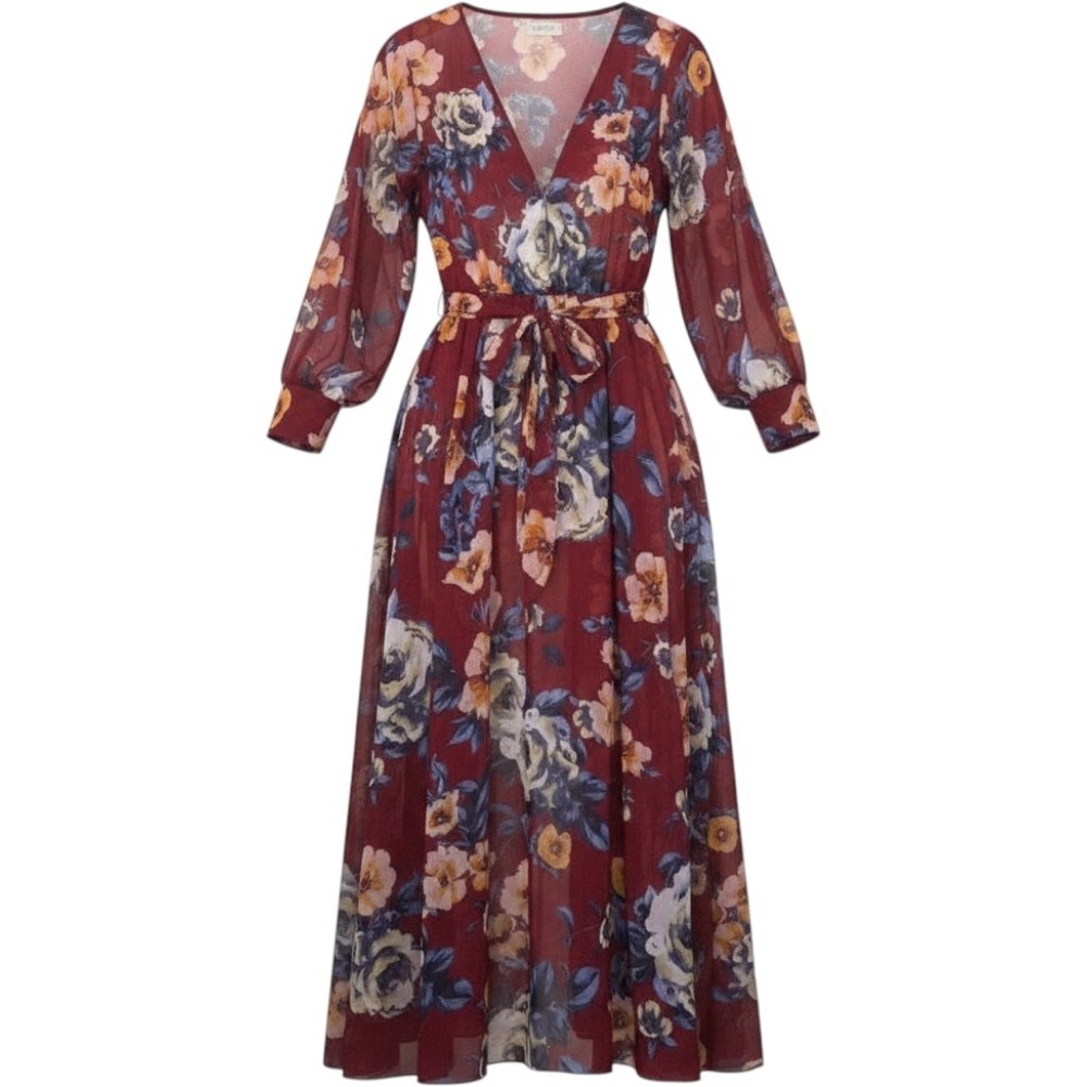 Anthropologie Kate Lily Maxi Dress Womens 6 Floral Romantic Chiffon Burgundy